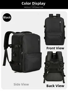 Trois vues du sac à dos de voyage noir avec port USB et sangle pour bagage