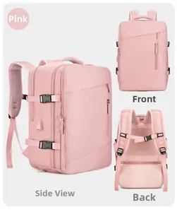 Detailed three-view layout of pink travel backpack with USB port and ergonomic straps