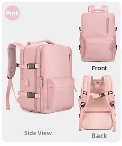 Vues détaillées d'un sac à dos rose avec port USB, sangles et dossier respirant
