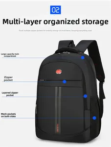 Detail of multi-compartment black business backpack showing main pocket and zip storage