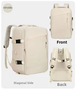 Detailed views of the beige travel backpack showing front, back, and side perspectives