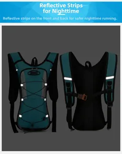Close-up showing high visibility reflective strips on cyan blue outdoor running backpack
