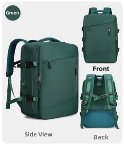 Three-way view of green travel backpack showing front, side, and ergonomic back straps