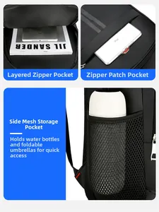 Detail view of layered zipper pocket, front patch pocket, and side mesh bottle storage