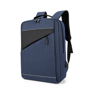 Blue business laptop backpack with USB charging port and textured fabric in 45-degree view