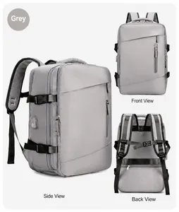 Three views of a gray travel backpack showing USB port, straps and breathable back panel