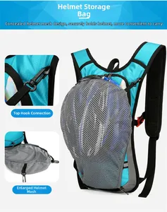 Detail of hidden expandable helmet mesh net and hook attachment on cycling backpack