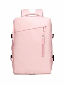 Front view of a pink waterproof travel backpack with breathable S-shaped shoulder straps