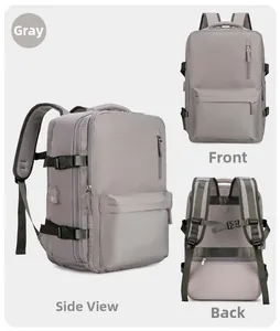 Détails du sac à dos de voyage gris avec port USB, boucles latérales et dos respirant