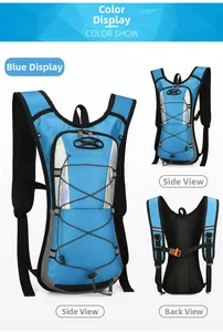 Detail view of blue cycling backpack featuring elastic bungee system and mesh straps