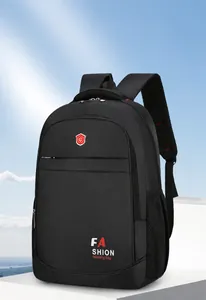 Close-up of black oxford business backpack featuring padded straps and mesh side pockets