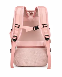 Ergonomische Rückansicht eines rosa Reise-Rucksacks mit atmungsaktiven S-Schultergurten
