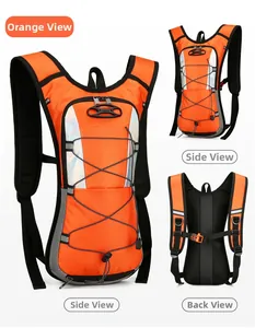 Detailed views of orange outdoor hydration pack showing reflective strips and breathable mesh