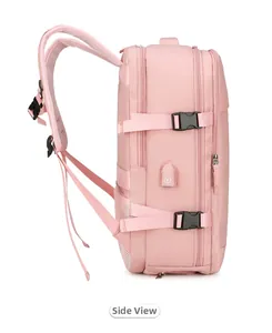 Side view of pink multifunctional backpack showing USB charging port and buckles