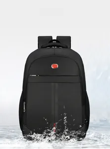Front view of waterproof black business backpack with dynamic water splash effect