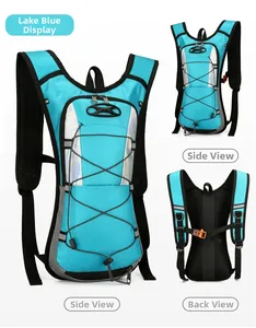 Multi-angle views of lake blue hydration backpack with reflective strips and mesh straps