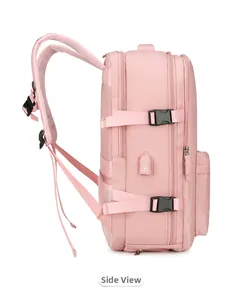 Vue latérale du sac à dos rose avec port USB et bretelles en maille respirante