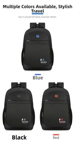 Detailed view of durable Oxford fabric backpacks in black, blue, and red color options