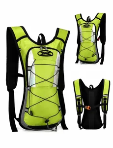 Three-view detail of fluorescent green hydration vest with breathable mesh and reflective strips