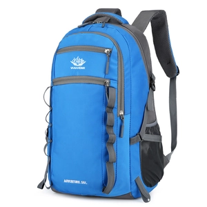 Professional 55L blue outdoor hiking backpack with ergonomic straps for mountain trekking