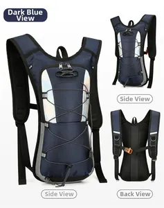 Detail views of navy outdoor backpack with reflective strips and breathable mesh straps
