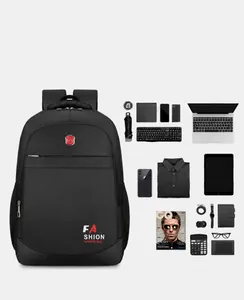 Detail view of spacious black oxford backpack showing organized storage for laptop and gear