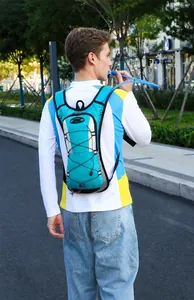 Outdoor cycling hydration pack with blue water tube and bungee cord system