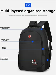 Detail view of large capacity black Oxford backpack with multi-layer storage pockets