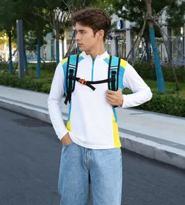 Detail of color-block outdoor sports t-shirt with half-zipper collar and sport print