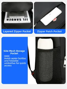 Detail view of Oxford cloth backpack showing internal iPad pocket and side mesh storage