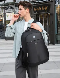 Close-up of black business laptop backpack with waterproof fabric and vertical glossy trim