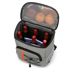 Grey insulated picnic backpack with orange stripes showing 6 beer bottles and top mesh pocket