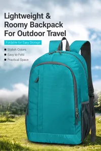 Detail view of the teal ripstop fabric and side mesh pocket of a lightweight outdoor backpack