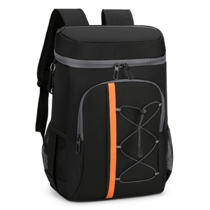 Large insulated black cooler backpack with orange trim for outdoor picnics and camping use