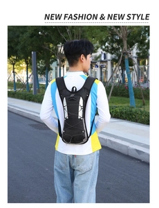 Outdoor hydration backpack for running and hiking featuring reflective strips and black nylon