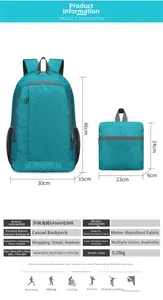 Water-resistant outdoor backpack size dimensions and foldable storage feature display
