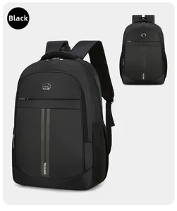 Dual view of black travel backpack with padded straps and functional zipper compartments