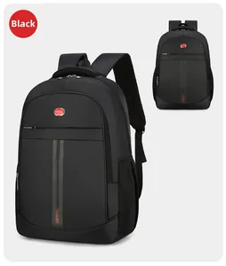 Detail view of large capacity business travel backpack with durable nylon fabric and logo