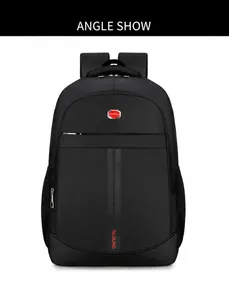 Close-up of waterproof black business backpack featuring front zipper pocket and logo detail