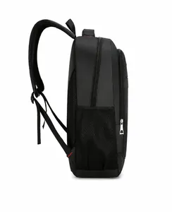 Side view of black business travel backpack showing water bottle mesh pocket and red stitching