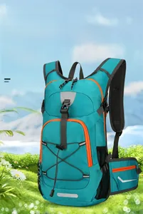 Detail view of lightweight cycling backpack with reflective strips and bungee system