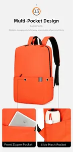 Detailansicht des orangefarbenen Rucksacks mit Fronttasche und seitlichem Netzfach