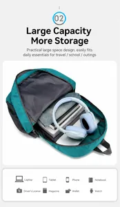 Spacious interior of a teal outdoor backpack with laptop, headphones, and books inside