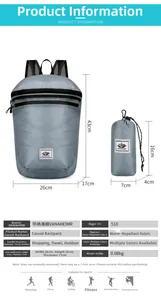 Macro detail of foldable waterproof grey backpack showing expanded size and compact storage