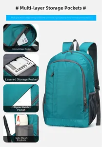 Detail view of the multi-functional compartments and mesh side pocket of the blue backpack