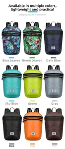 Detail view of the lightweight folding backpack showing nine vibrant color options and prints