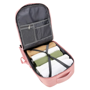Sac à dos de voyage rose grande capacité avec rangement intérieur et sangles fixes