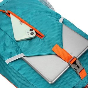 Mochila plegable impermeable de nailon turquesa con detalles de cremallera naranja