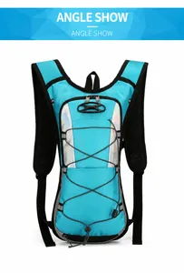 Front view of sky blue outdoor cycling backpack with reflective strips and bungee cord