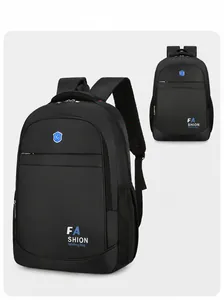 Detail view of black Oxford laptop backpack featuring blue accents and mesh side pocket